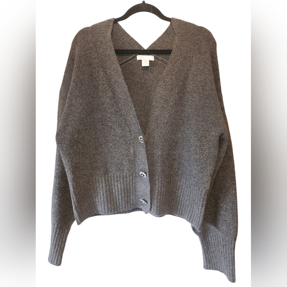 H&M Gray Wool Blend Rhinestone Flower Button Cardigan Sweater Small